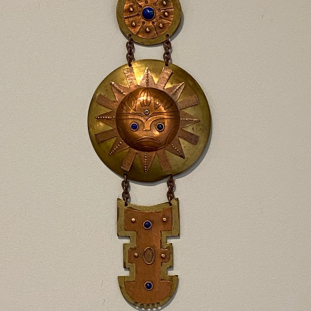 VTG Artisan Aztec Brutalist Brass & Cooper Mix Sun Face Wall Hanging